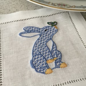Blue Herend Inspired Bunny Butterfly Embroidered Cocktail Napkins, Party Napkins, Hostess Housewarming, Blue Bunny, Set of 4 image 3