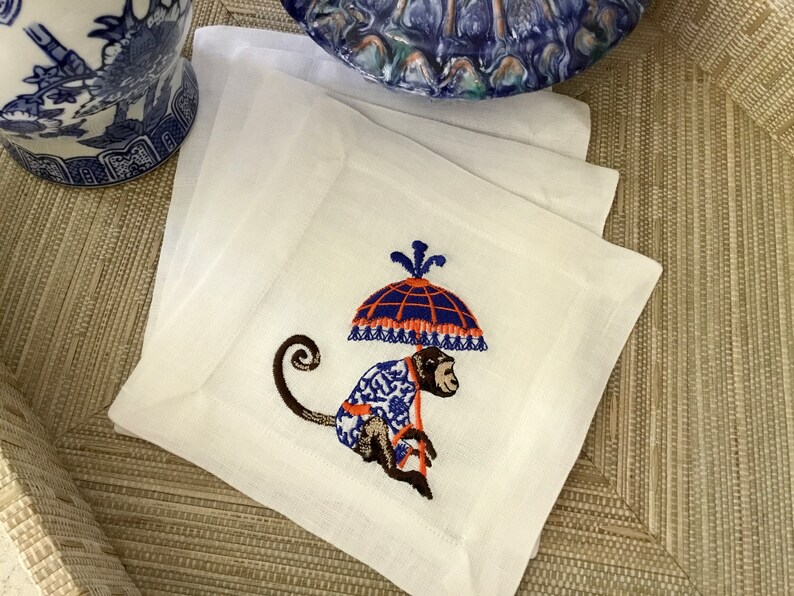 Chinoiserie Chic Monkey With Parasol Embroidered Cocktail Napkins Party