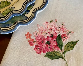 Hydrangea Linen Tea Towel, Embroidered Pink Hydrangea Towel, Linen Guest Towel