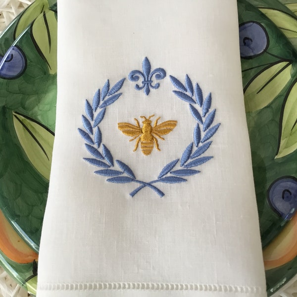 French Fleur de Lis Bee Linen Napkins | Embroidered Napoleon Bee Napkins | French Dinner Napkins | French Bee & Laurel | Linen Hemstitched