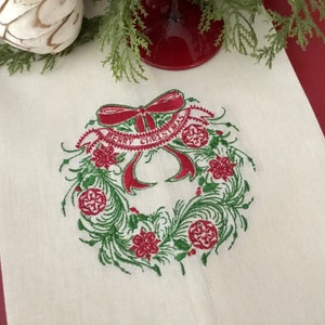 Linen Embroidered Merry Christmas Wreath Towel - Christmas Ornament Wreath Towel - Holiday Towel Decoration