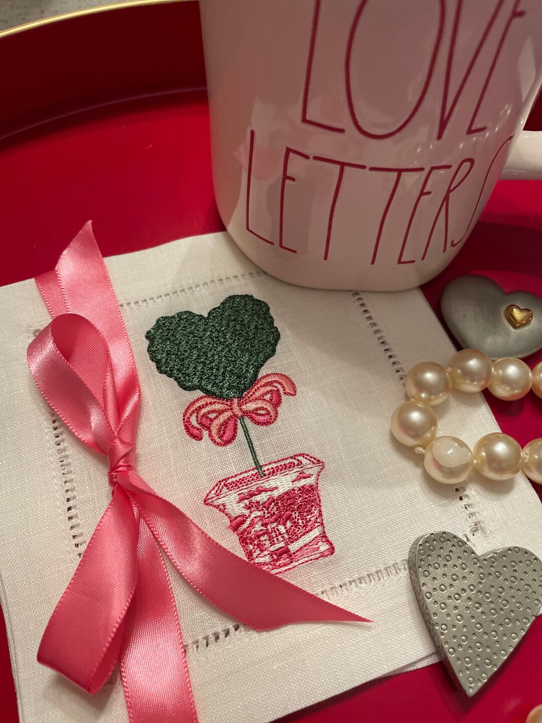 Heart Topiary Embroidered Cocktail Napkins, Party Napkins, Hostess