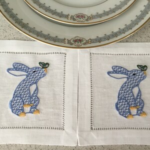 Blue Herend Inspired Bunny Butterfly Embroidered Cocktail Napkins, Party Napkins, Hostess Housewarming, Blue Bunny, Set of 4 image 7