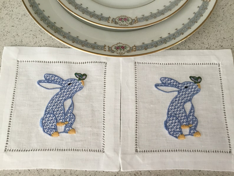 Blue Herend Inspired Bunny Butterfly Embroidered Cocktail Napkins, Party Napkins, Hostess Housewarming, Blue Bunny, Set of 4 image 7