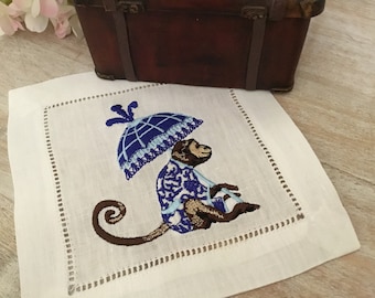 Embroidered Linen Cocktail Napkins: Chinoiserie Monkey with Parasol, Set of 4