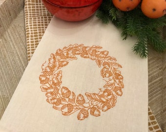 Fall Leaves and Acorn Wreath Embroidered Towel, Acorn Towel, Thanksgiving Towel, Fall Autumn Kitchen Towel, Monogrammed Towel