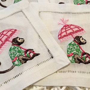 Chinoiserie Monkey Cocktail Napkins: Linen Blend, Set of 4