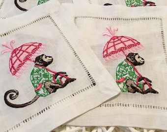Chinoiserie Monkey Cocktail Napkins: Linen Blend, Set of 4