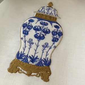 Chinoiserie Blue Ginger Jar Embroidered Linen Towel Kitchen Bath Home Decor | Wedding Gift