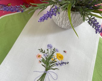 Wildflowers Embroidered Linen Towel, Embroidered Linen Towel, Wildflowers, Floral Bouquet, Spring Flowers, Kitchen Towel, Guest Towel