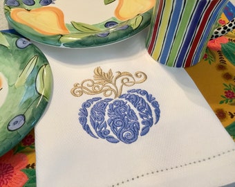 Embroidered Pumpkin Tea, Guest or Hand Towel, Blue Pumpkin, Fall Decor, Fine Linens, Gift