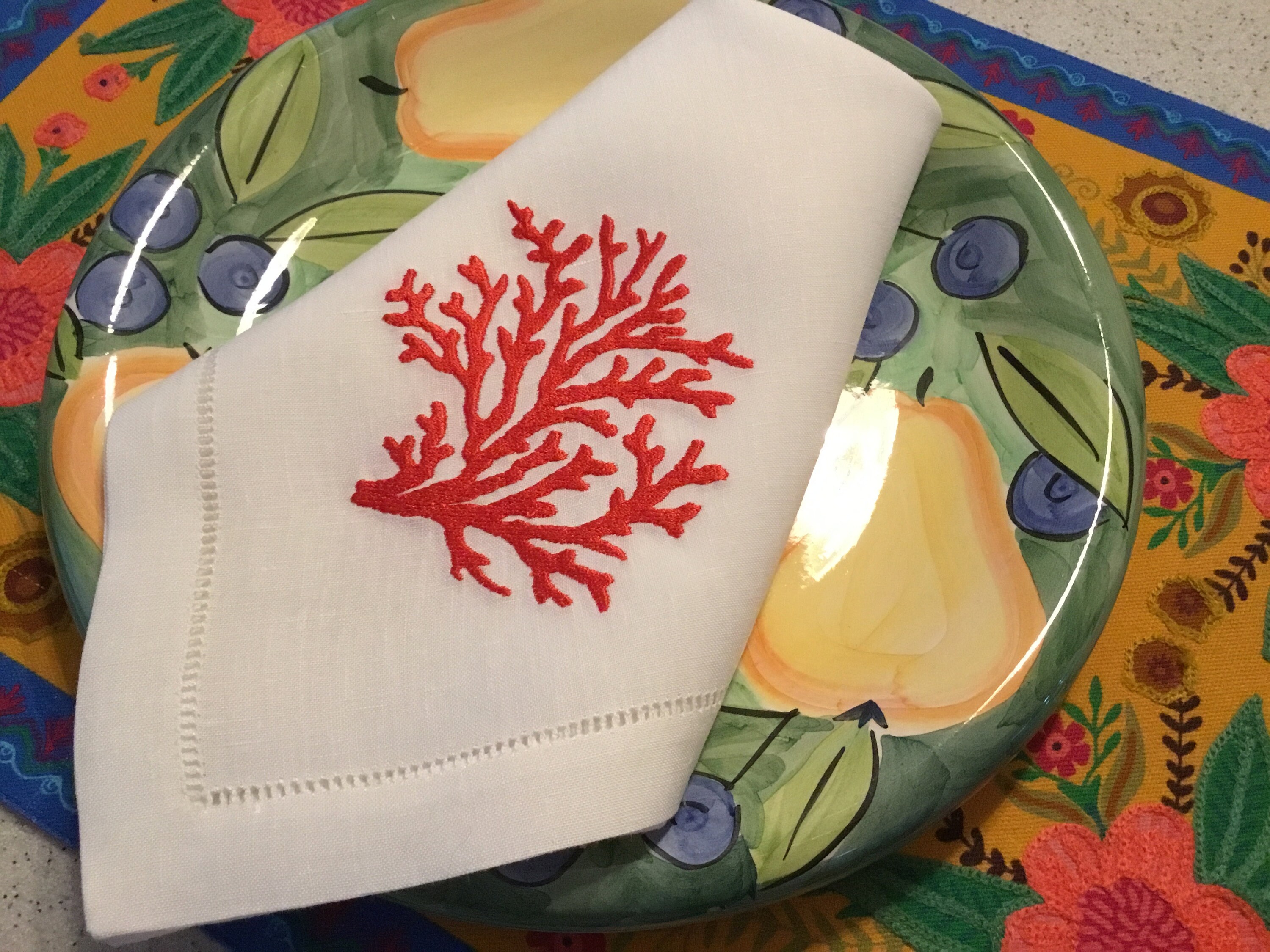 Embroidered Sea Coral Linen Napkins Coral Dinner Napkins Etsy