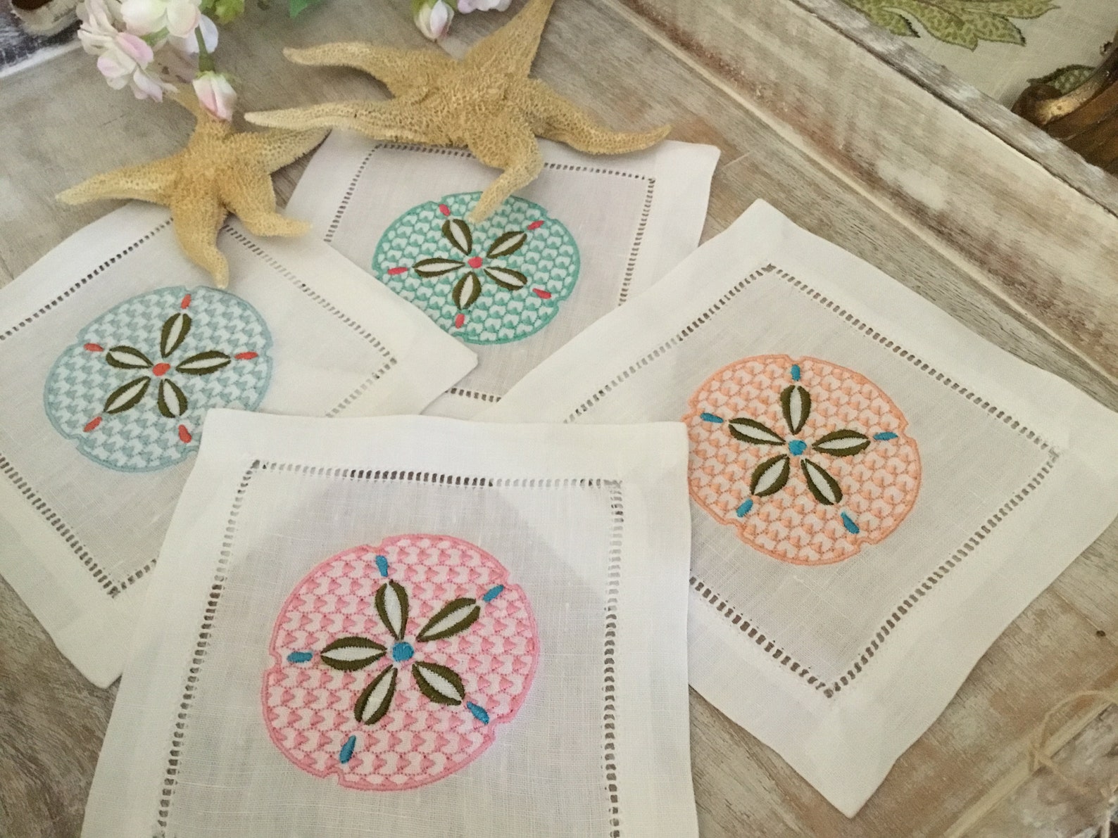Beach Themed Embroidered Cocktail Napkins Set of 4 Linen Etsy