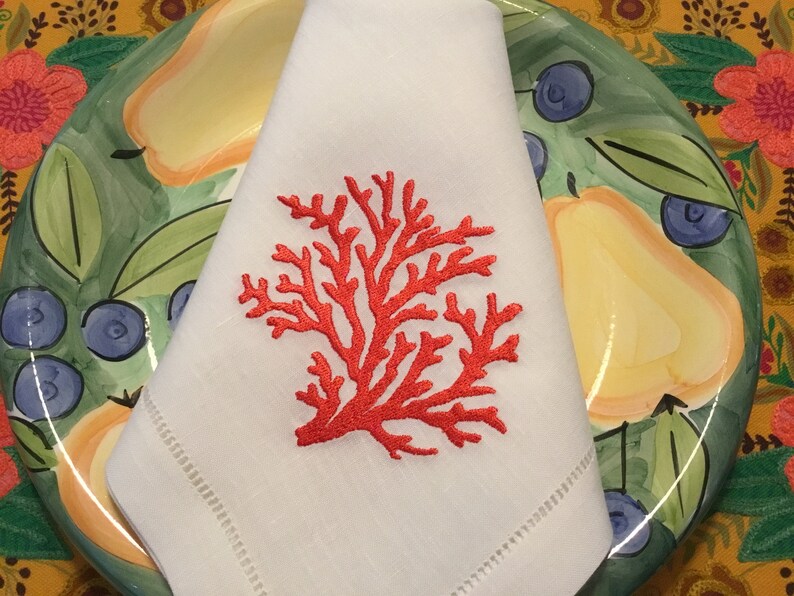 Embroidered Sea Coral Linen Napkins Coral Dinner Napkins Etsy