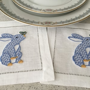 Blue Herend Inspired Bunny Butterfly Embroidered Cocktail Napkins, Party Napkins, Hostess Housewarming, Blue Bunny, Set of 4 image 1