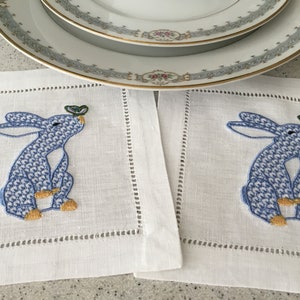 Embroidered Linen Cocktail Napkins: Blue Herend Bunny, Set of 4