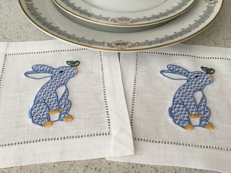 Blue Herend Inspired Bunny Butterfly Embroidered Cocktail Napkins, Party Napkins, Hostess Housewarming, Blue Bunny, Set of 4 image 1