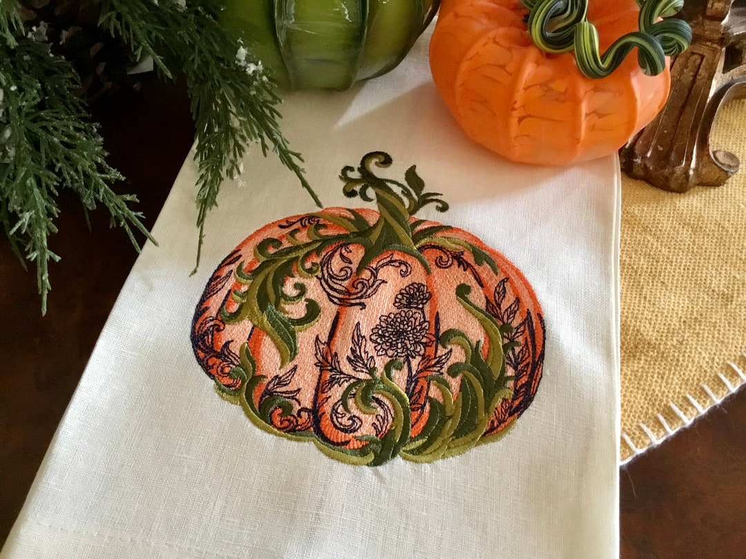 Fancy Pumpkin Orange Blue Tea Towel Autumn Fall Linen Embroidered