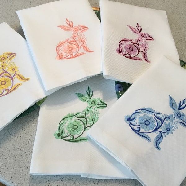 Embroidered Easter Bunny Tea Towel: Floral Rabbit Decor