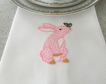 Herend Bunny Butterfly Tea Towel Embroidered, Kitchen Towel, Hand Towel, Hostess Gift, Pink Tea Towel, Bunny Butterfly Towel