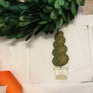 Embroidered Topiary Linen Cocktail Napkins - Set of 4