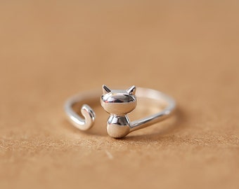 Cute Cat Ring - Long tail Cat Ring - 925 Silver Adjustable Ring - Special Gift - Christmas Gift