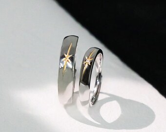 Anillos de pareja de amor de Aurora de plata 925 - Anillos de estrella de oro - Delicados simples - Anillos ajustables - Alianza de boda - Regalo de San Valentín