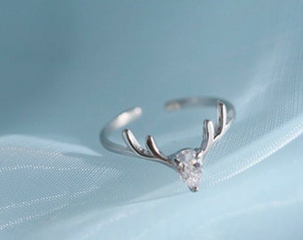 Elegant Water Drop Crystal Elk Ring - Clear Stone Deer Antler Ring - 925 Sterling Silver Adjustable Ring - Special Christmas Gift