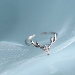 Elegant Water Drop Crystal Elk Ring - Clear Stone Deer Antler Ring - 925 Sterling Silver Adjustable Ring - Special Christmas Gift