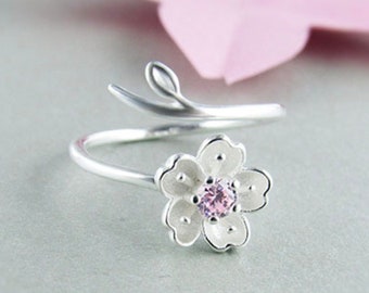 Sakura and Leaf Ring - Pink Oriental Cherry - 925 Sterling Silver Adjustable Ring - Special Gift