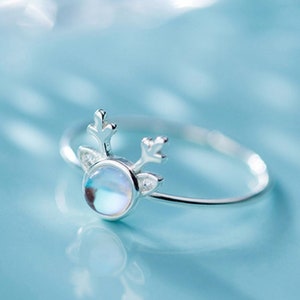 Cute Moonstone Elk Ring - Clear Crystal Deer Antler Ring - 925 Sterling Silver Adjustable Ring - Special Christmas Gift