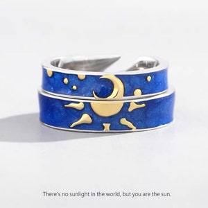 Anillos de pareja de sol y luna - Van Gogh "La noche estrellada" - Anillos a juego de día y noche - Anillos ajustables de plata de ley - Regalo de San Valentín