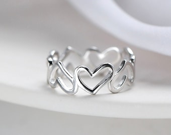 Love Hearts Ring - 925 Sterling Silver Hollow Heart Ring - Adjustable Ring - Special Gift - Christmas Gift