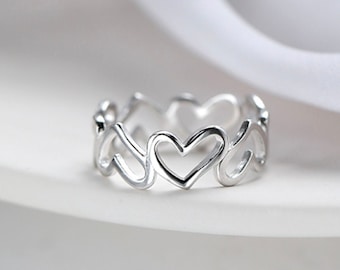 Bague Love Hearts - Bague de cœur creux en argent sterling 925 - Bague réglable - Cadeau spécial - Cadeau de Noël