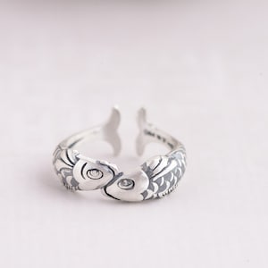 925 Silver Vintage Double Fish Ring Adjustable Ring Special Gift Christmas Gift image 1