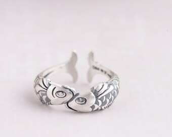 925 Silver Vintage Double Fish Ring - Adjustable Ring - Special Gift - Christmas Gift