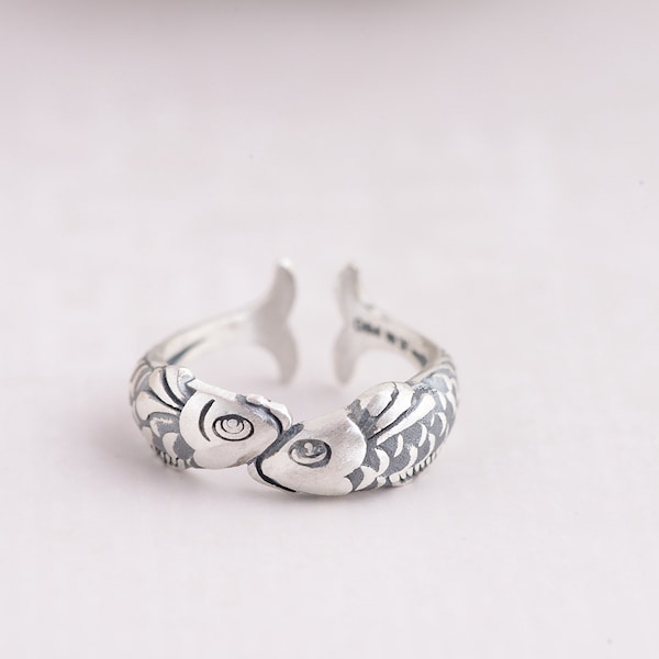 925 Silver Vintage Double Fish Ring - Adjustable Ring - Special Gift - Christmas Gift