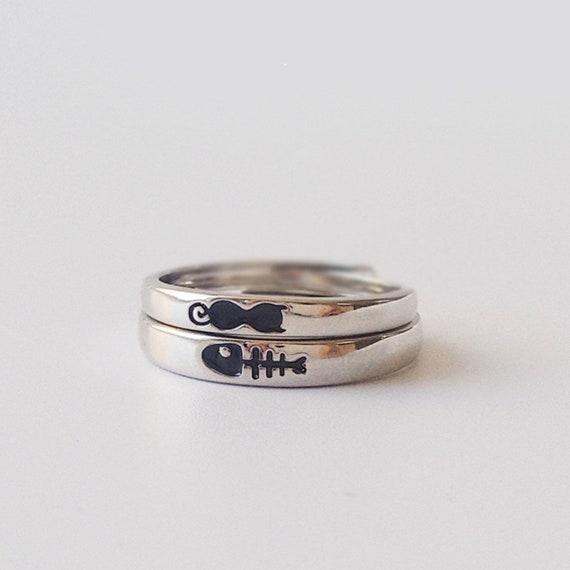 Cat and Fishbone Couple Rings 925 Sterling Silver Adjustable Rings