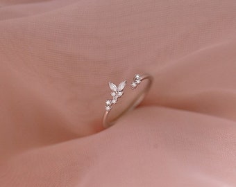 Little Butterfly and Crystals Ring - 925 Sterling Silver Adjustable Ring - Special Gift for Her - Christmas Gift