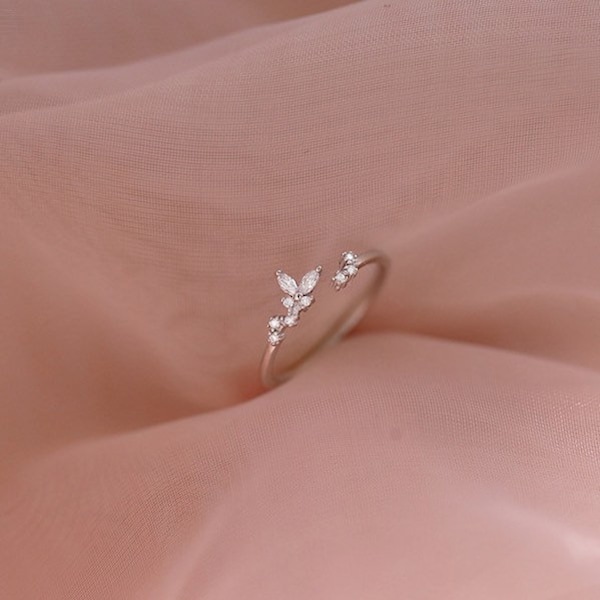 Little Butterfly and Crystals Ring - 925 Sterling Silver Adjustable Ring - Special Gift for Her - Christmas Gift