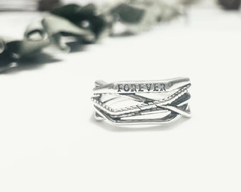 Bague transversale vintage « FOREVER » en argent - Bague réglable - Cadeau spécial