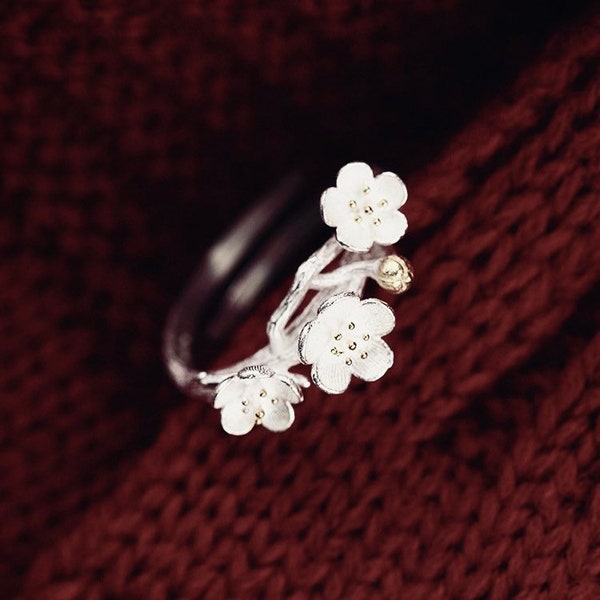 Winter Sweet Flower Ring - Plum Blossom Ring - 925 Sterling Silver Adjustable Ring - Special Gift