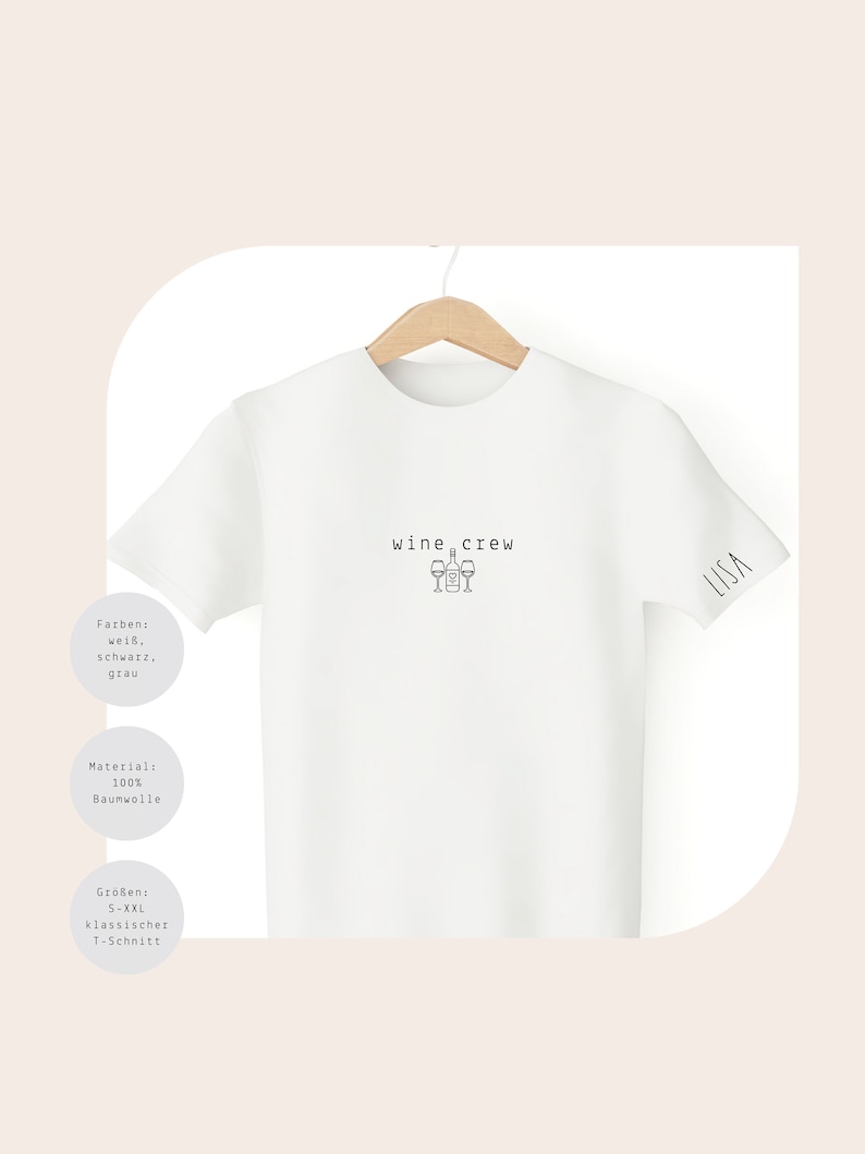 May include: White t-shirt with the text "wine crew" and a graphic of wine glasses. The shirt also has the word "LISA" on the right sleeve.