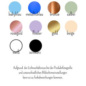 May include: Colour chart with 10 different colour options for a product. The colours are baby blue, metallic blue, bronze, sage, rose gold, lilac, gold, beige, white, and black.