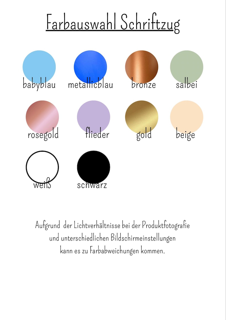 May include: Colour chart with 10 different colour options for a product. The colours are baby blue, metallic blue, bronze, sage, rose gold, lilac, gold, beige, white, and black.