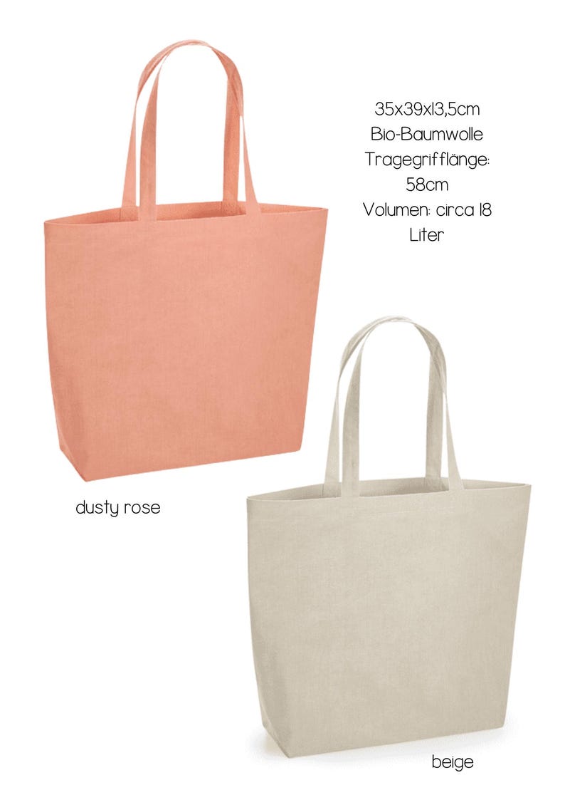 May include: Two tote bags, one dusty rose and one beige, made from organic cotton. The bags are 35 x 39 x 3.5 cm and have a 58 cm handle length. The bags have a volume of approximately 18 litres.
