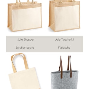 May include: Four tote bags, two made of jute and two made of felt. The jute bags are a natural brown colour and have a white canvas lining. The felt bags are grey and have brown leather handles. The bags are labelled with their names in German: Jute Shopper, Jute Tasche M, Schultertasche, and Filztasche.
