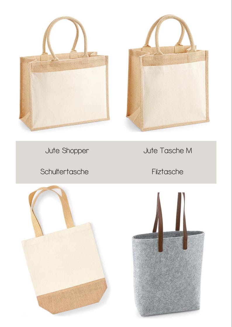 May include: Four tote bags, two made of jute and two made of felt. The jute bags are a natural brown colour and have a white canvas lining. The felt bags are grey and have brown leather handles. The bags are labelled with their names in German: Jute Shopper, Jute Tasche M, Schultertasche, and Filztasche.
