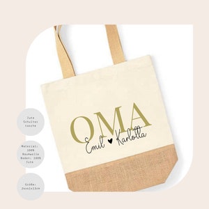 May include: A white canvas tote bag with a jute base. The bag has gold lettering that says "OMA" with the names "Emil" and "Karlotta" written in black script underneath. The bag is 24 inches by 41 inches by 13 inches.