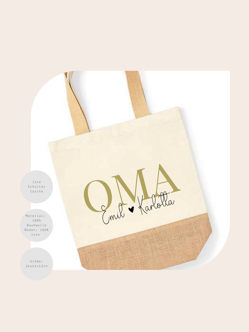 May include: A white canvas tote bag with a jute base. The bag has gold lettering that says "OMA" with the names "Emil" and "Karlotta" written in black script underneath. The bag is 24 inches by 41 inches by 13 inches.